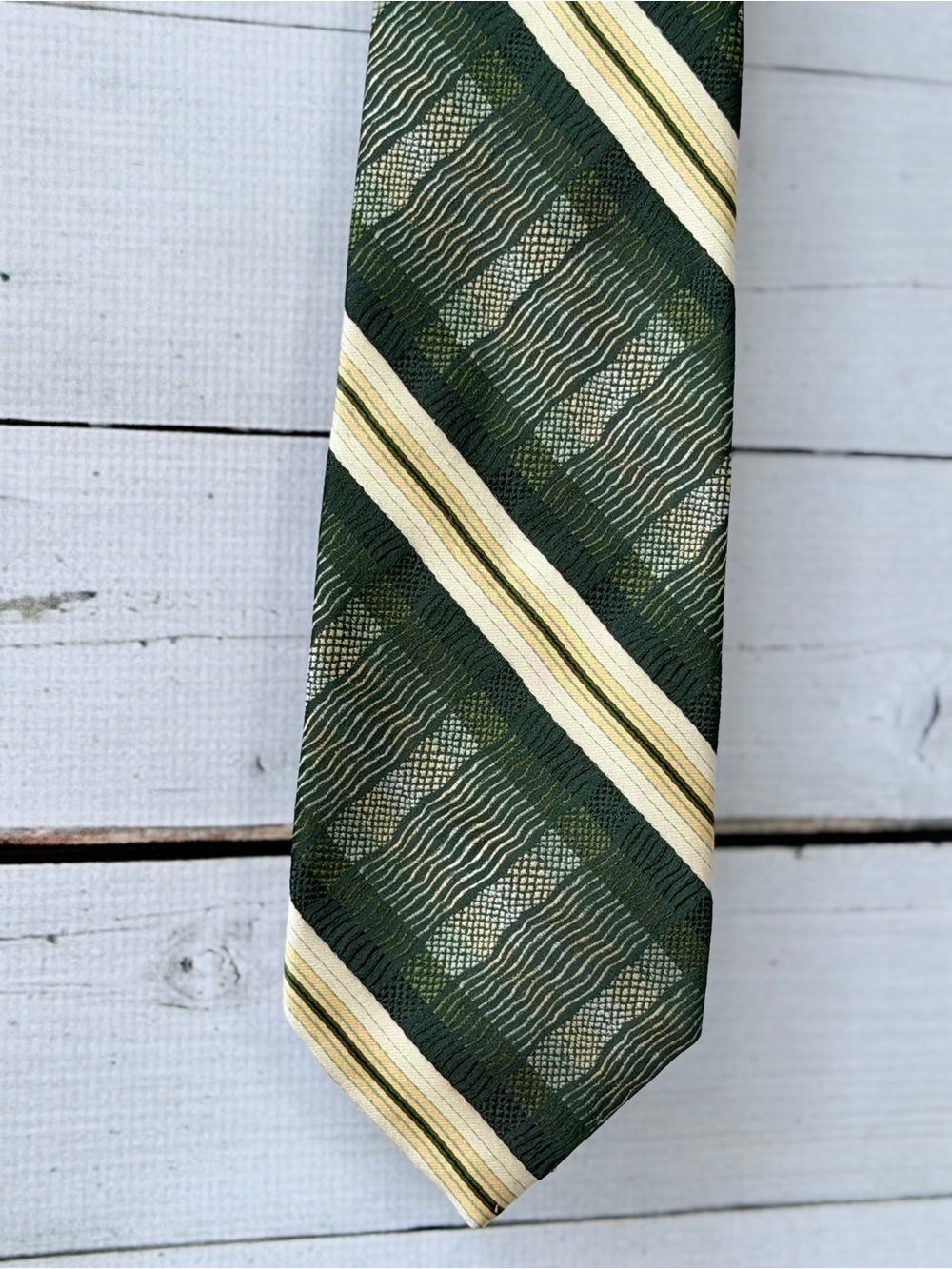 Vintage 70s Limited Edition Woven in Switzerland Green Wide Tie Retro Geometric